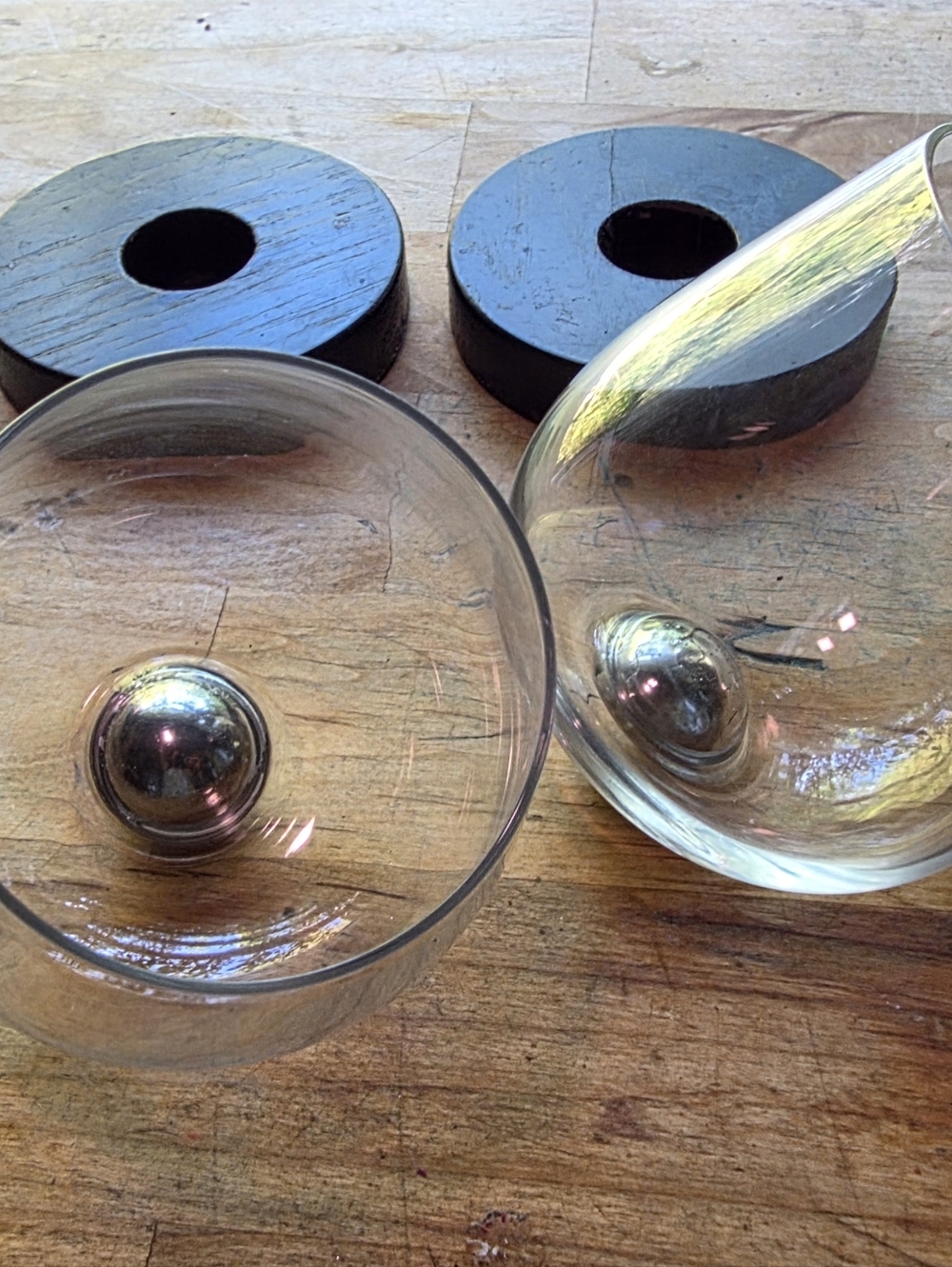 Vintage Revolving Whiskey Glasses With Weighted Metal Orb And Wooden Bases-Set 2